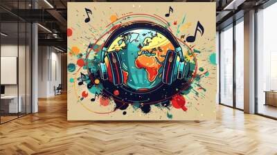 The Earth, adorned with colorful headphones, is surrounded by music notes and symbols, depicting the universal language of music. Wall mural