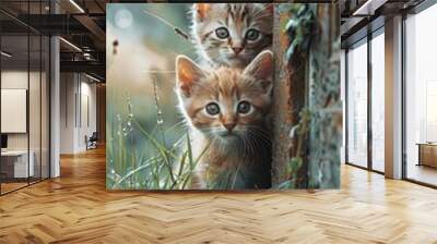 Two kittens are peeking out from behind a fence Wall mural