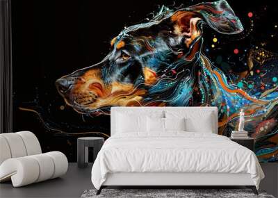 Vibrant abstract portrait of a dog with a mosaic of colors against a stark black background, highlighting the animal's profile. Wall mural