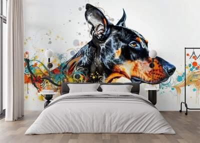 Vibrant abstract portrait of a dog with a mosaic of colors against a stark white background, highlighting the animal's profile. Wall mural