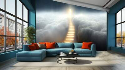 Steps to Heaven, a golden staircase in the clouds leads to the gates of Heaven. Afterlife, paradise concept. 3D rendered image Wall mural