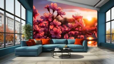 A beautiful pink flower with a sun in the background Wall mural