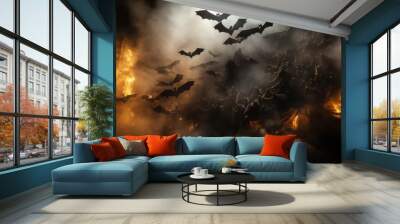 A dark and scary scene with bats flying around and smoke in the background Wall mural