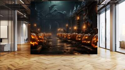 A hallway with many pumpkins and candles Wall mural