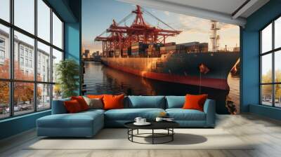 A large cargo ship is docked at a port Wall mural