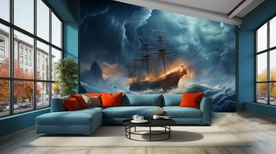 A lost ship sailing in the storm on a rough sea, about to collide with a gigantic iceberg Wall mural