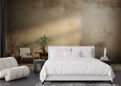 A room with a white chair and a wooden table with two vases on it Wall mural