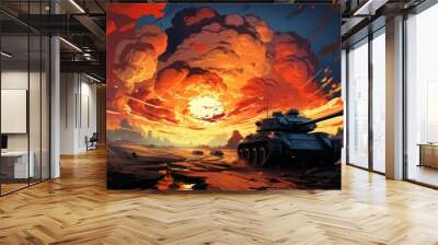 A tank is driving through a desert with a large explosion in the background Wall mural