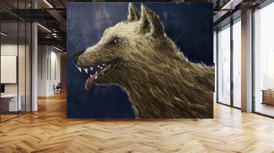 Cartoon charcoal portrait or wolf, dog in brown color on dark blue background. Digital painting Wall mural