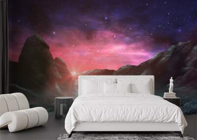 magician standing in sci-fi magical landscape with rock valley, star and sun. digital painting illus Wall mural