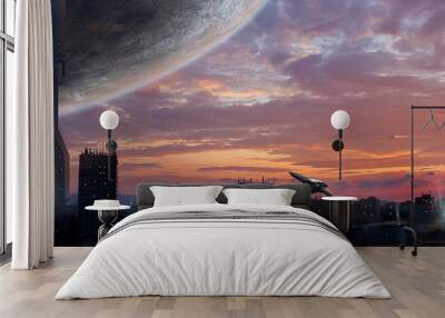 sci-fi city with planet and spaceships, photo manipulation, elements furnished by nasa. 3d rendering Wall mural