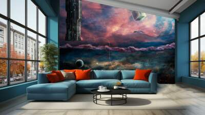 Space background. Two world. Alien and space colorful nebula with planet and spaceship. Elements furnished by NASA. 3D rendering Wall mural