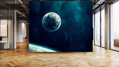 Space scene. Blue nebula with planet. Elements furnished by NASA. 3D rendering Wall mural