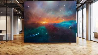 Space scene. Colorful nebula with planet and two trail. Elements furnished by NASA. 3D rendering Wall mural