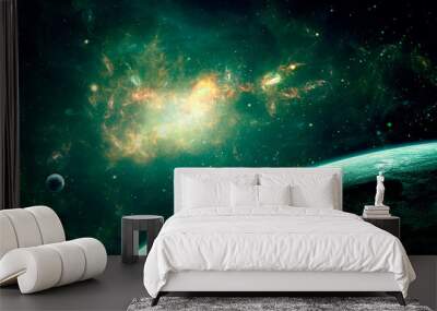 Space scene. Green nebula with two planet. Elements furnished by NASA. 3D rendering Wall mural