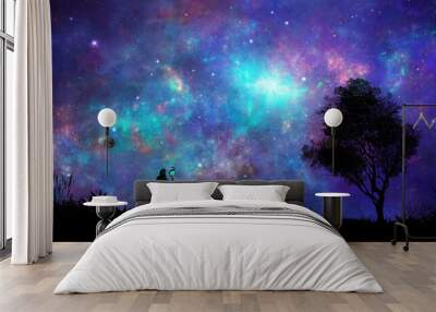 Space scene. Magician standing on landscape silhouette with tree and fractal colorful nebula. Digital painting. Elements furnished by NASA. 3D rendering Wall mural