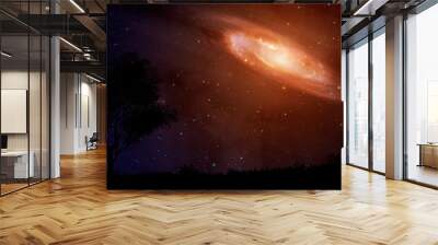 Space scene. Orange galaxy with tree silhouette. Elements furnished by NASA. 3D rendering Wall mural