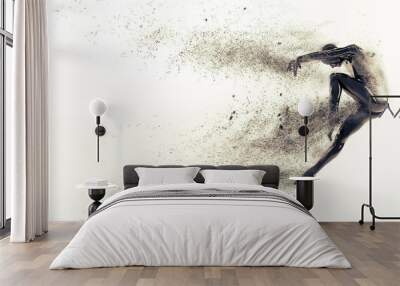 Abstract black plastic human body mannequin with scattering particles over white background. Action dance jump ballet pose. 3D rendering illustration Wall mural