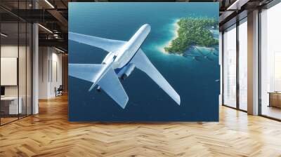 Large passenger plane flies over paradise tropical island Wall mural