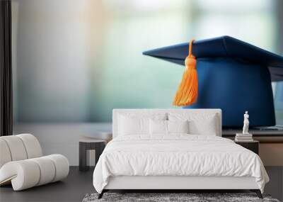 A blue cap with an orange tassel sits on top of a laptop Wall mural