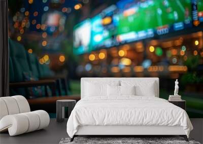 A blurry image of a sports stadium with a green chair in the foreground, football championship or cup Wall mural