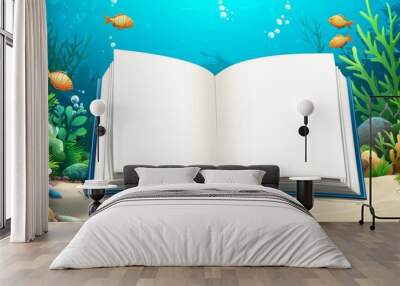 A book is open on a beach with fish swimming in the background Wall mural