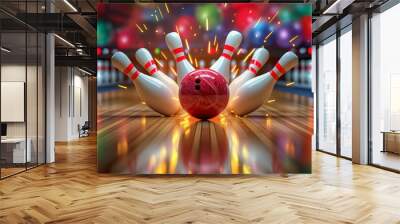 A bowling ball is in the middle of a bowling game with a red ball Wall mural