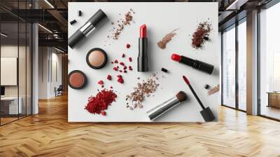 A collection of makeup and beauty products, including lipstick, eyeshadow Wall mural