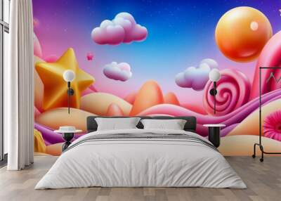 A colorful, whimsical scene with a pink and yellow background Wall mural