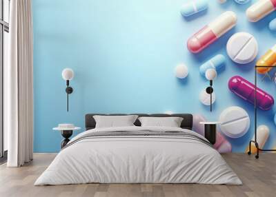 A colorful assortment of pills are arranged on a blue background Wall mural