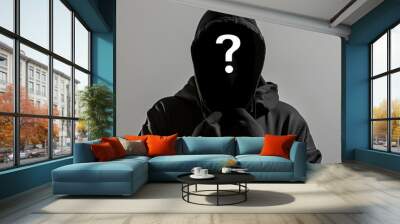 A hooded man with a black hoodie and a white question mark on his face, incognito or unknown concept Wall mural