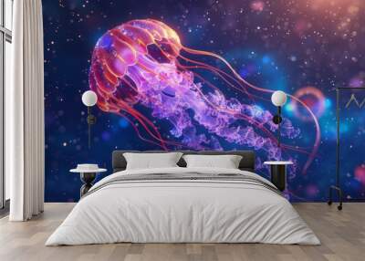 A jellyfish is floating in the sky with a purple and pink color Wall mural