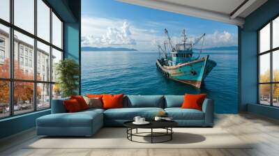 A large blue boat is sitting in the ocean Wall mural