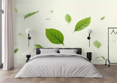 A leaf is flying through the air, surrounded by other leaves Wall mural