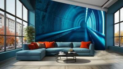 A long tunnel with blue walls and blue lights Wall mural