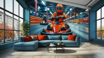 A man in an orange jumpsuit is driving a kart in a race, karting Wall mural