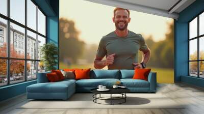 A man is running in a park with a smile on his face Wall mural