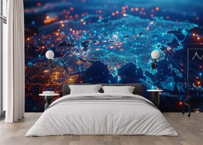 a map of the world with a blue background and orange and yellow dots Wall mural