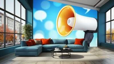 A microphone with a large orange cone on it is in front of a blue background Wall mural