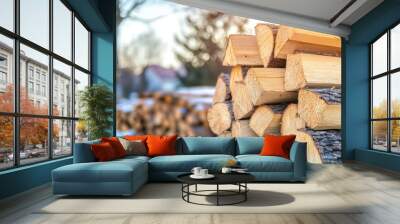 A pile of wood logs with a bright sun shining on them Wall mural