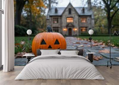 A pumpkin with a smiley face on it is sitting on a brick walkway in front of a h Wall mural