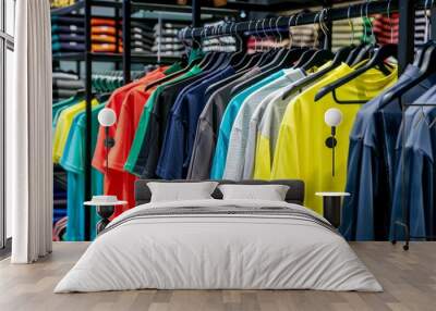 A rack of clothes with a variety of colors and styles, clothing retail store Wall mural