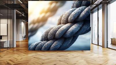 A rope is twisted and knotted, with a blue and white background Wall mural