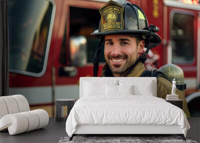 A smiling firefighter in a yellow helmet stands next to a red fire truck, fire service officer Wall mural