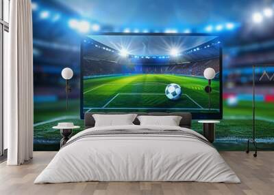 A soccer field is shown on a television screen, football broadcast live on TV Wall mural