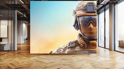 A soldier in a desert setting with a helmet and goggles Wall mural