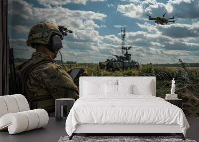 A soldier is looking at a tablet while a drone flies overhead, profession military drone operator Wall mural