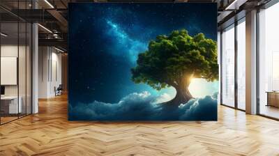 A tree is growing in the sky with clouds surrounding it Wall mural