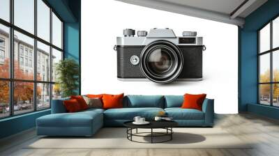 A vintage camera with a black lens and a silver body Wall mural