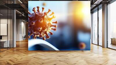 A virus is shown in the air with a city in the background Wall mural